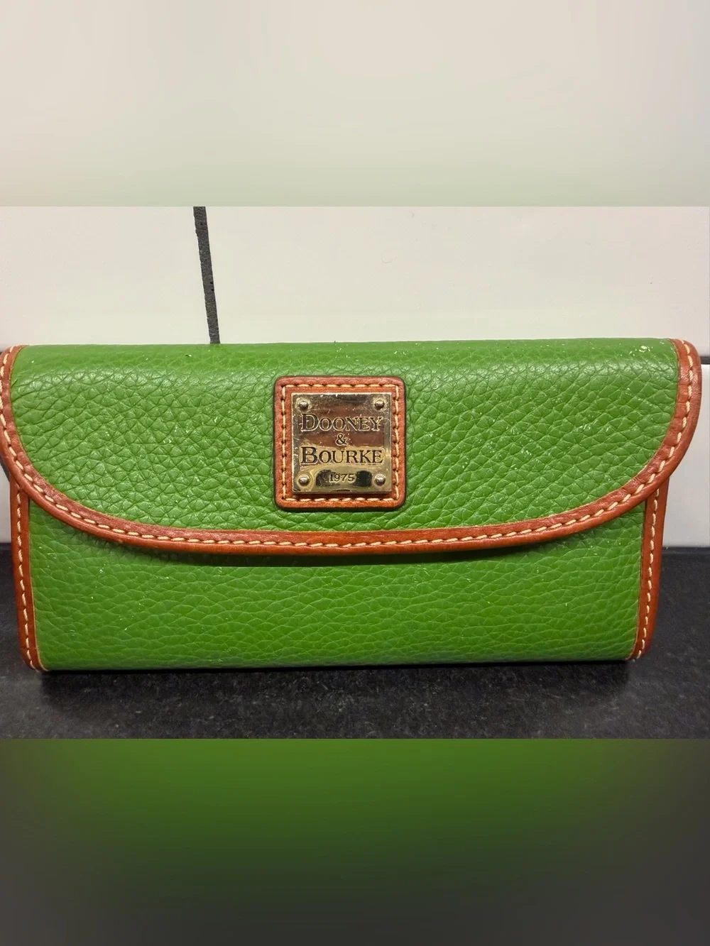 Dooney & Bourke Green Pebbled Leather Continental Wallet with Brown Trim